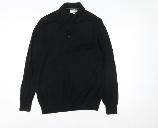 Marks and Spencer Autograph Men's Black Merino Wool Collared Henley Jumper L