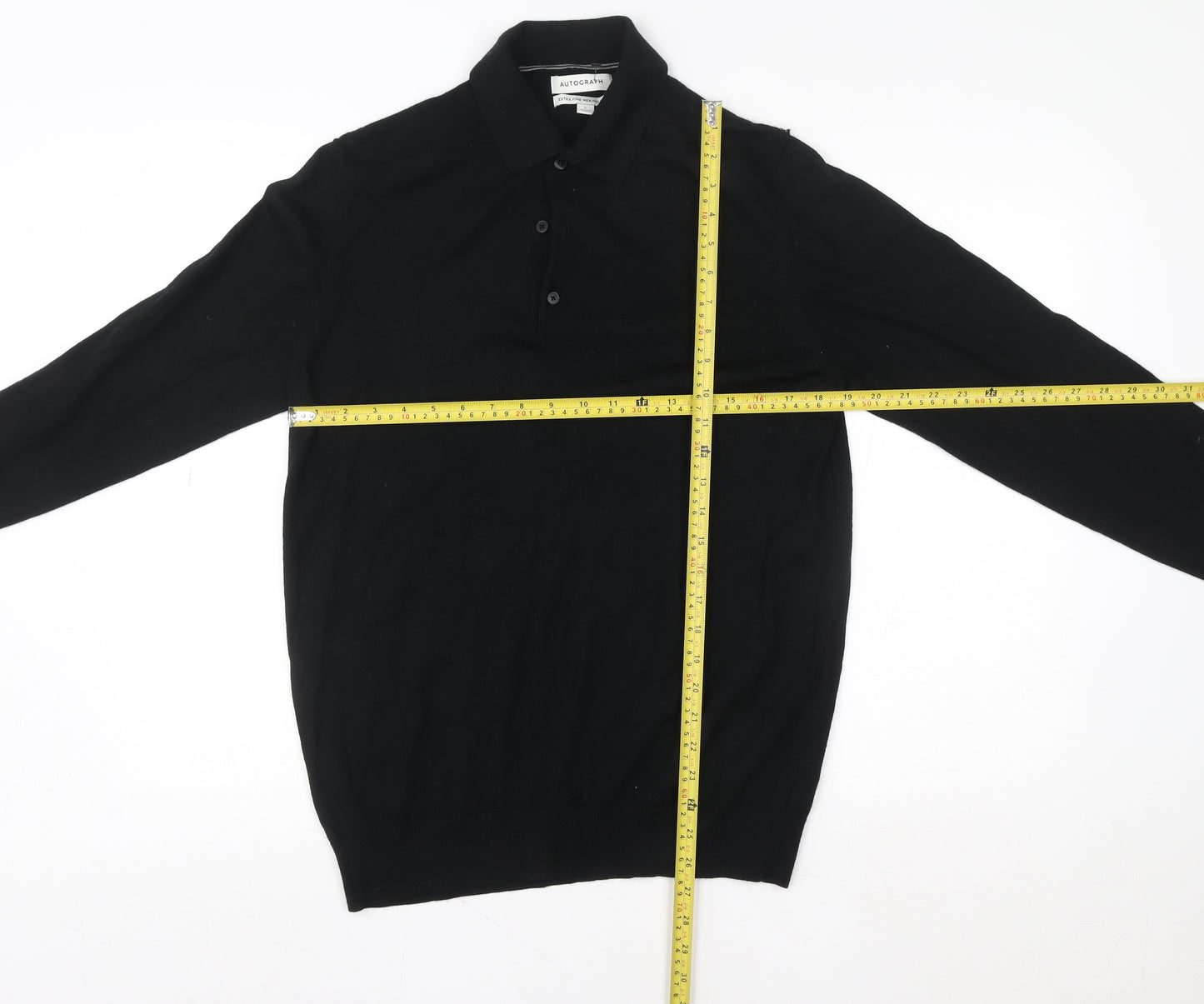 Marks and Spencer Autograph Men's Black Merino Wool Collared Henley Jumper L