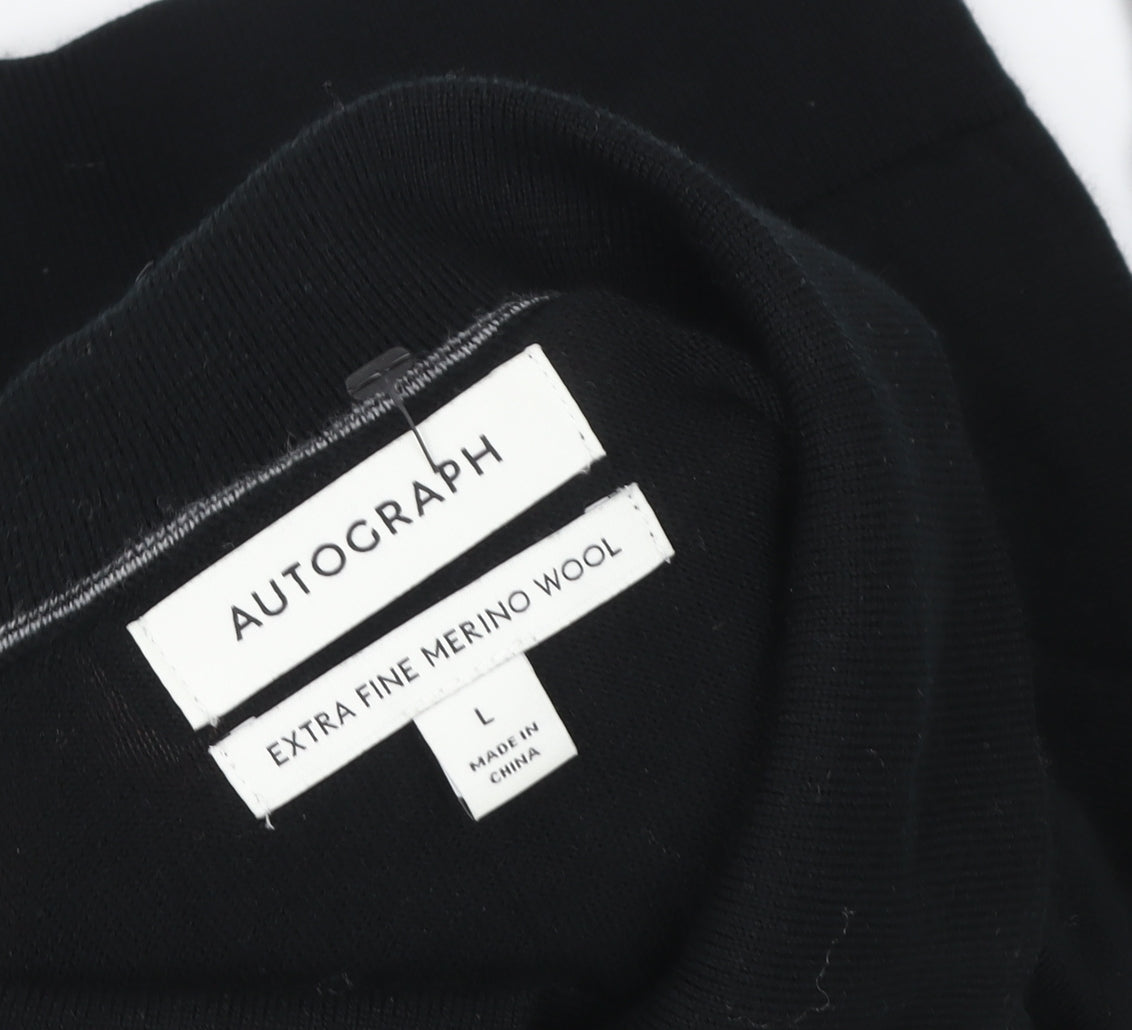 Marks and Spencer Autograph Men's Black Merino Wool Collared Henley Jumper L