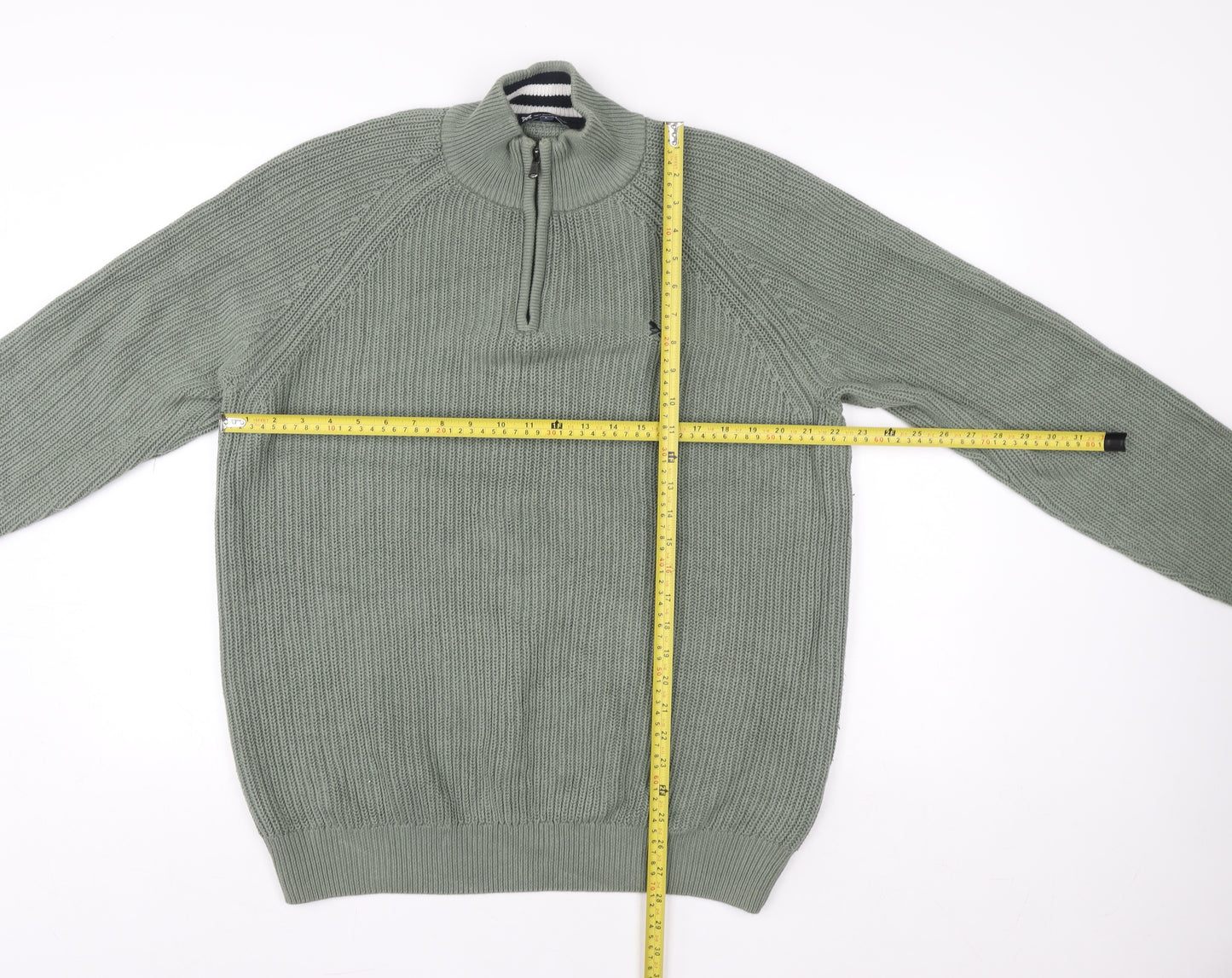 Crew Clothing Company Men's Green 1/4 Zip Cotton Knit Sweatshirt L