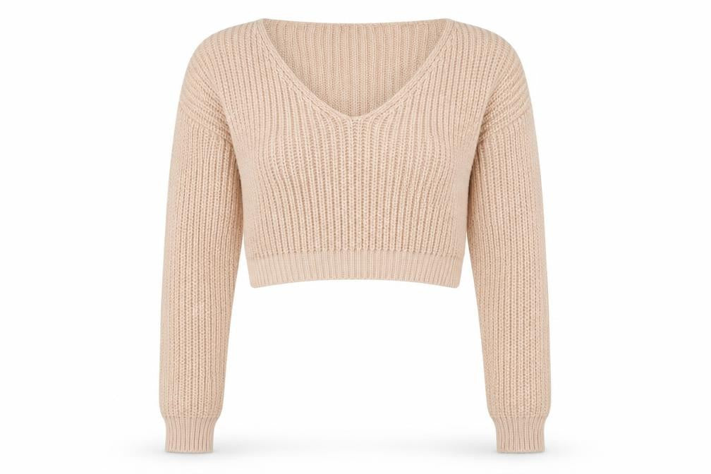 Front view of MISSPAP Women Beige Acrylic Knit Cropped Pullover Sweater, size 6