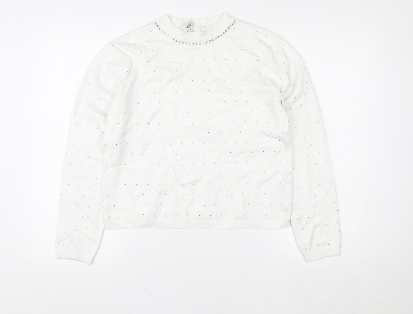 Marks and Spencer Womens White Sequin Crew Neck Pullover Sweatshirt Size S
