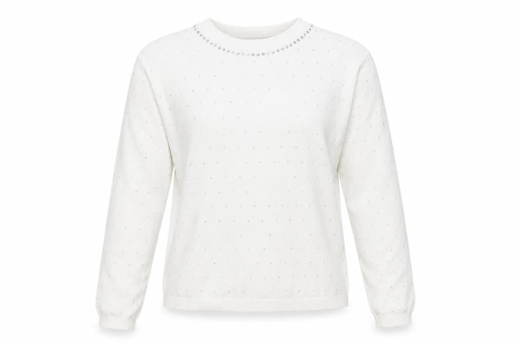 Front view of Marks & Spencer women’s white sequin crew neck pullover sweatshirt, size S