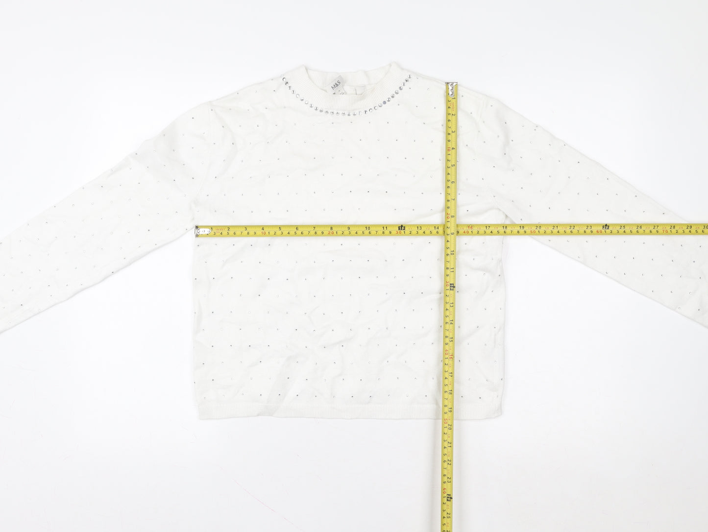 Marks and Spencer Womens White Sequin Crew Neck Pullover Sweatshirt Size S