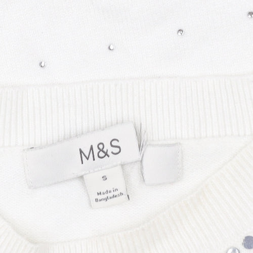 Marks and Spencer Womens White Sequin Crew Neck Pullover Sweatshirt Size S
