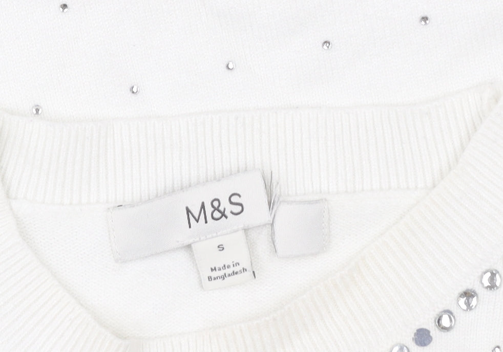 Marks and Spencer Womens White Sequin Crew Neck Pullover Sweatshirt Size S
