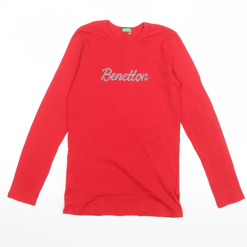 United Colors of Benetton Girls Red Long Sleeve Logo Cotton T-Shirt 11-12 Years