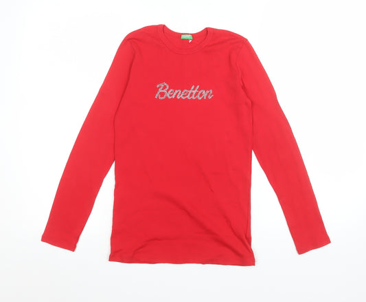 United Colors of Benetton Girls Red Long Sleeve Logo Cotton T-Shirt 11-12 Years