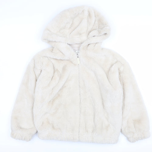 F&F Girls Beige Faux Fur Hooded Zip Jacket 7-8 Years