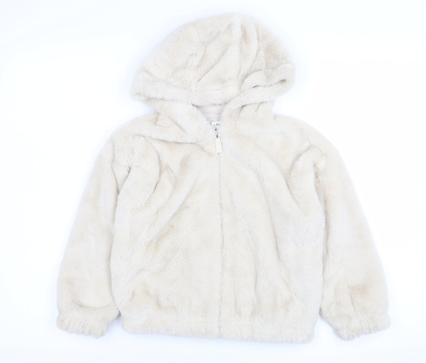 F&F Girls Beige Faux Fur Hooded Zip Jacket 7-8 Years
