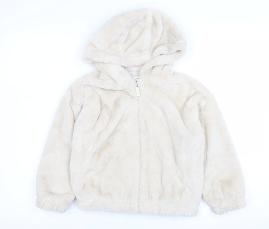F&F Girls Beige Faux Fur Hooded Zip Jacket 7-8 Years
