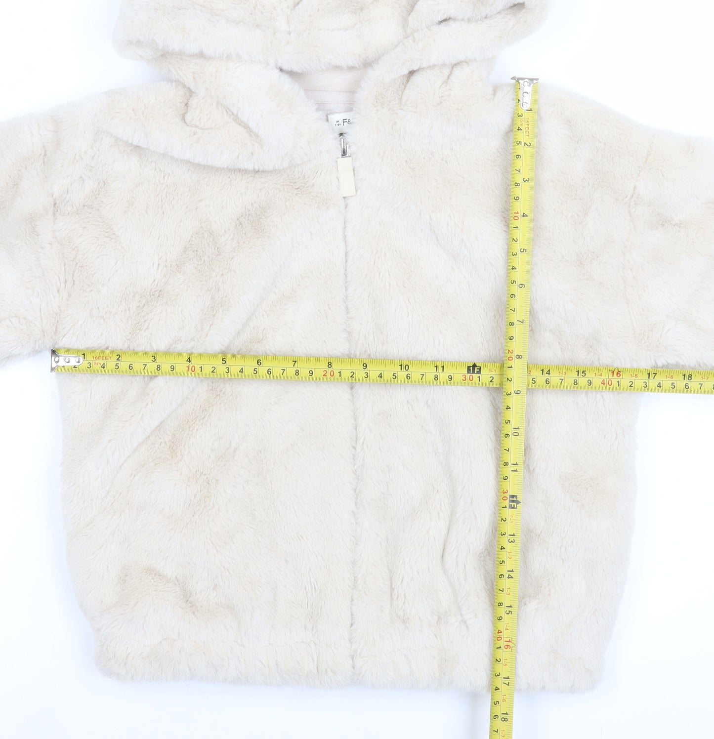 F&F Girls Beige Faux Fur Hooded Zip Jacket 7-8 Years