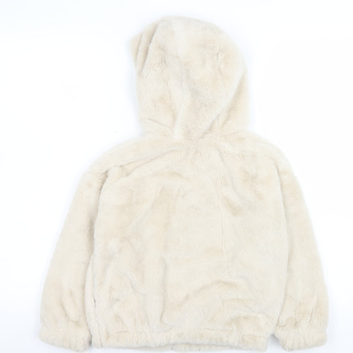 F&F Girls Beige Faux Fur Hooded Zip Jacket 7-8 Years