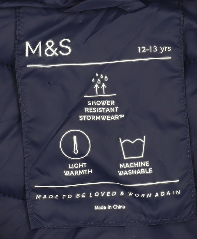 Marks and Spencer Boys Blue Hooded Puffer Jacket 12-13 Years Water Resistant