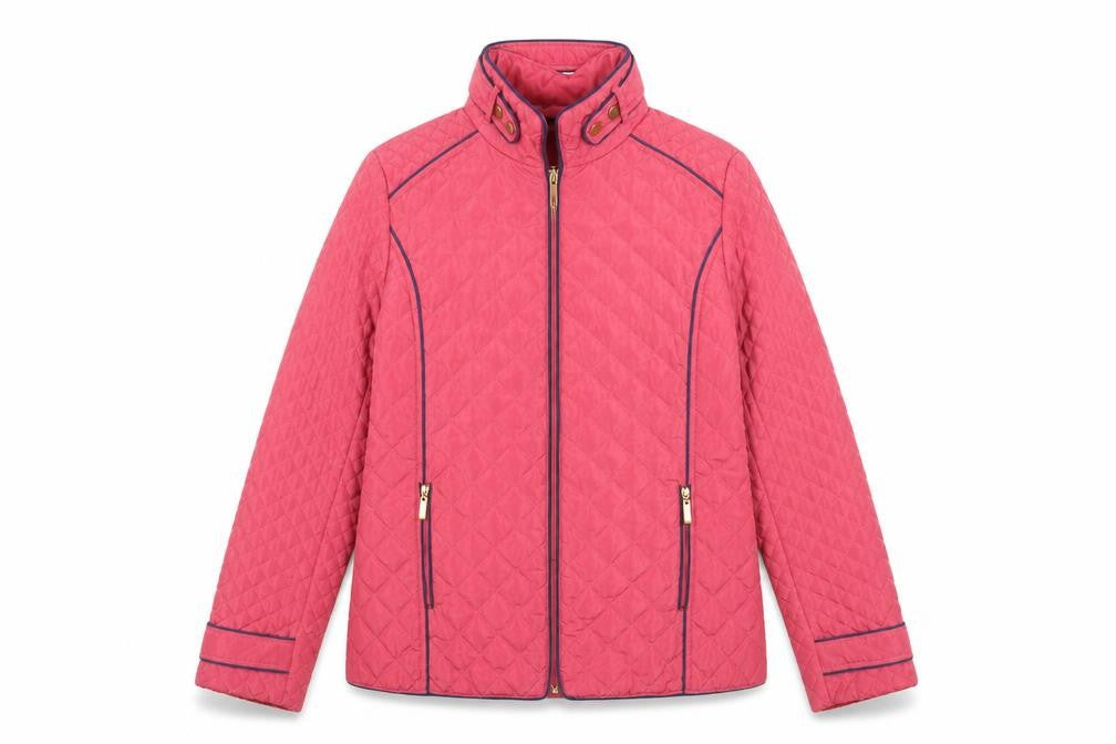 Front view of JBC Collection women’s pink quilted jacket, size UK 12, full zip lightweight