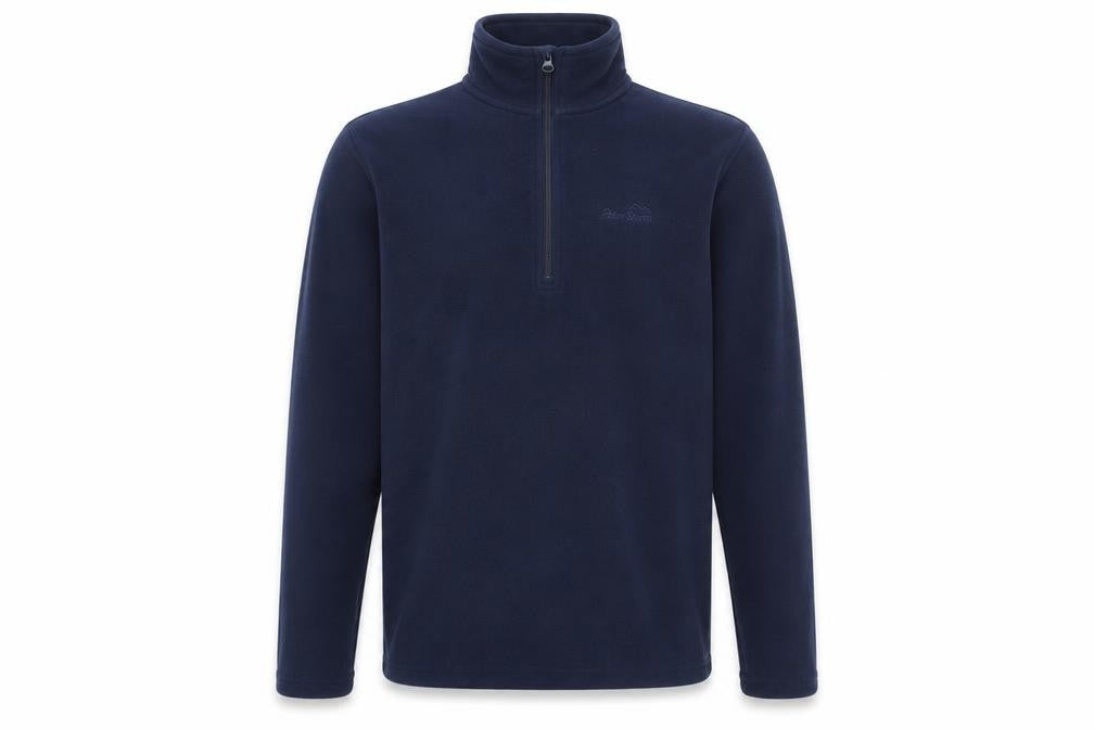 Front view of Peter Storm men’s blue fleece 1/2 zip pullover sweatshirt, size S