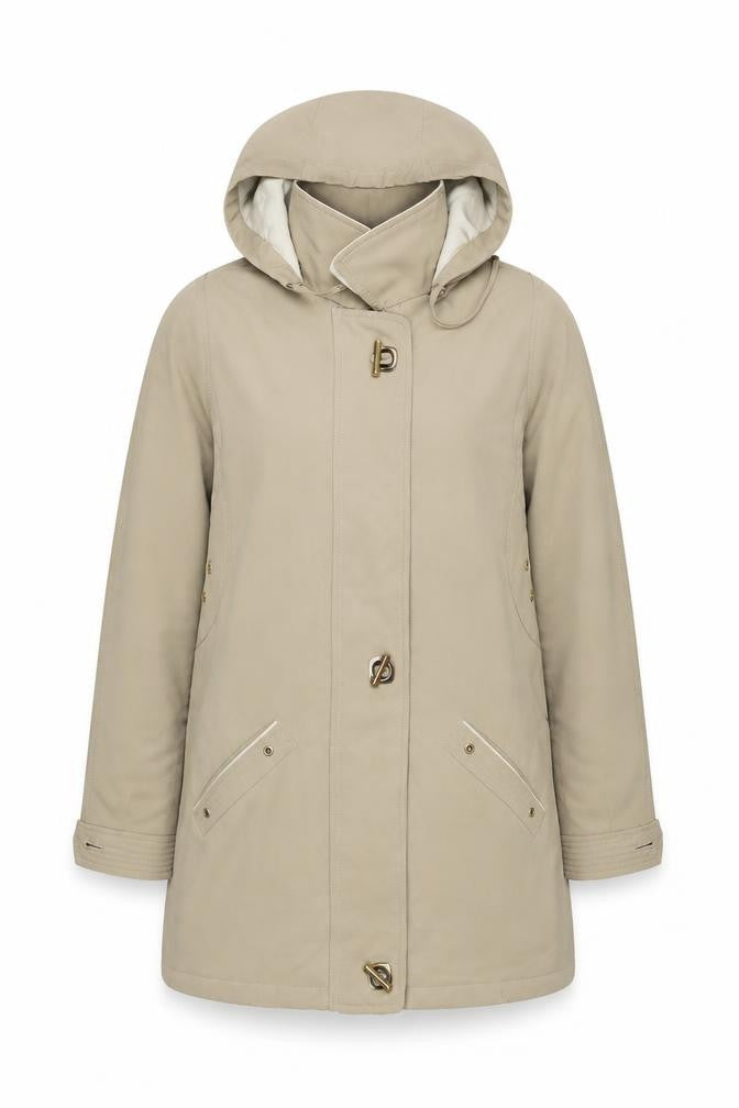 David Barry Women Beige Long Hooded Parka Coat Size 14
