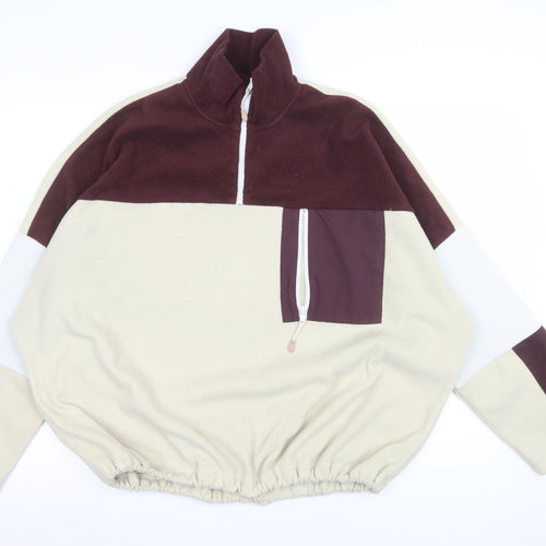 Monki Womens Beige & Brown Colourblock Fleece 1/4 Zip Sweatshirt L