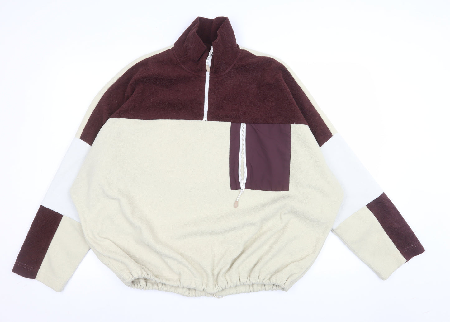 Monki Womens Beige & Brown Colourblock Fleece 1/4 Zip Sweatshirt L