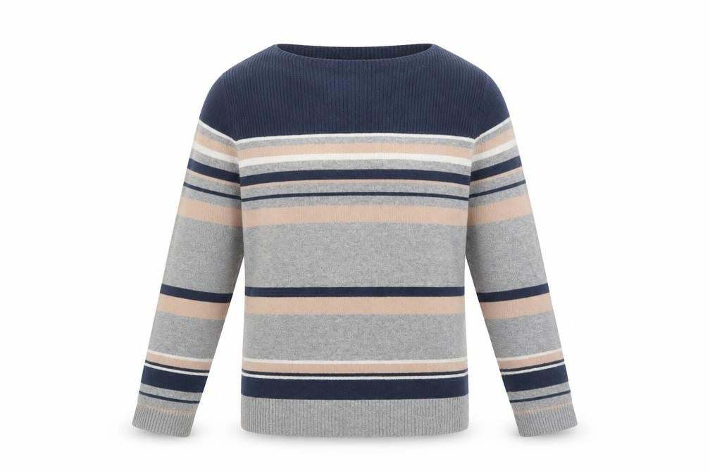 Front view of Jaeger Men’s Grey Striped Wool Crew Neck Jumper, size M