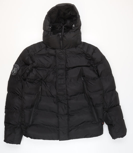 Superdry Men's Black L Puffer Jacket Hooded Insulated Winter Coat
