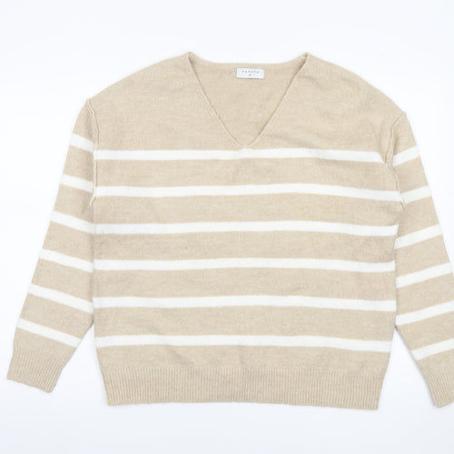 Papaya Women Beige Striped V-Neck Knit Jumper Size M