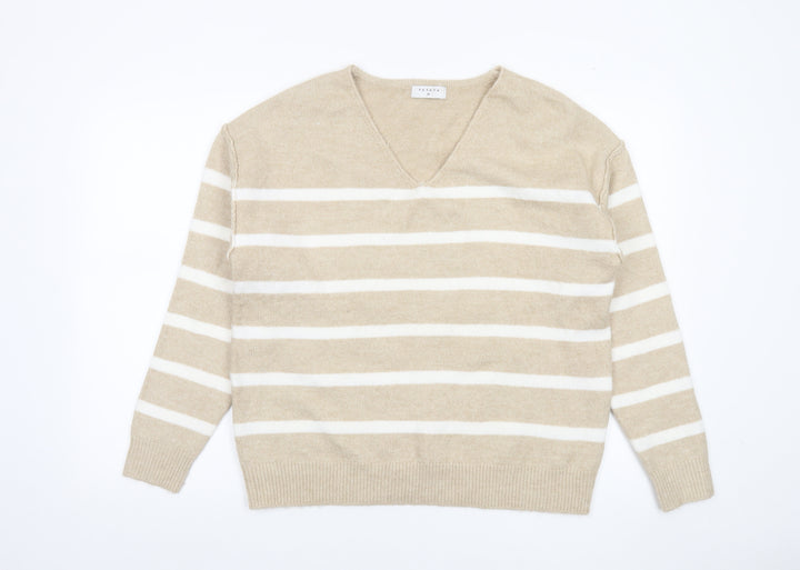 Papaya Women Beige Striped V-Neck Knit Jumper Size M