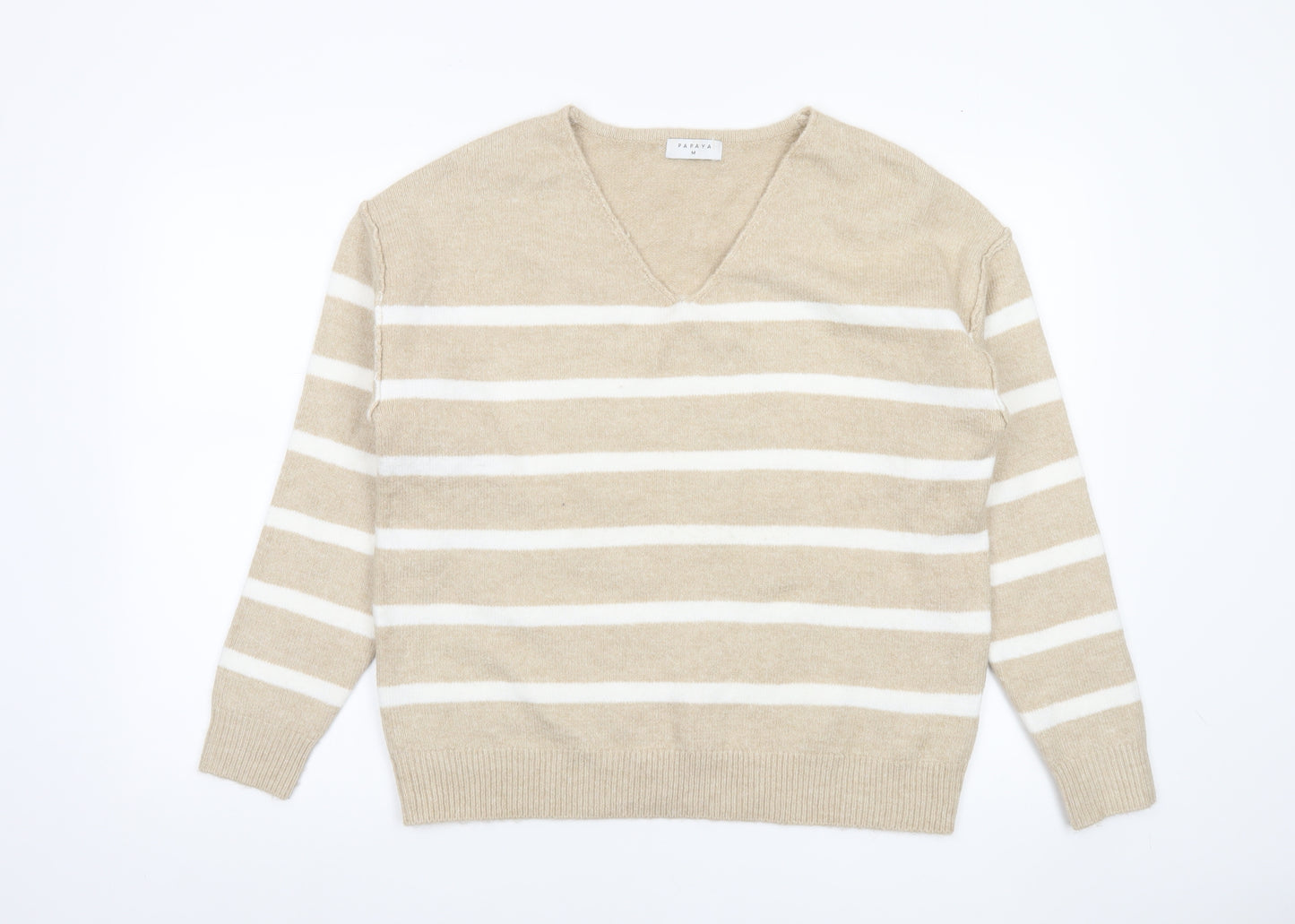 Papaya Women Beige Striped V-Neck Knit Jumper Size M
