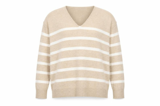 Front view of Papaya Women Beige Striped V-Neck Knit Jumper, size M