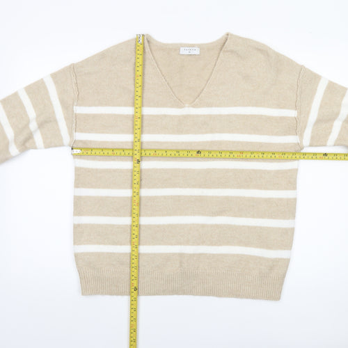 Papaya Women Beige Striped V-Neck Knit Jumper Size M