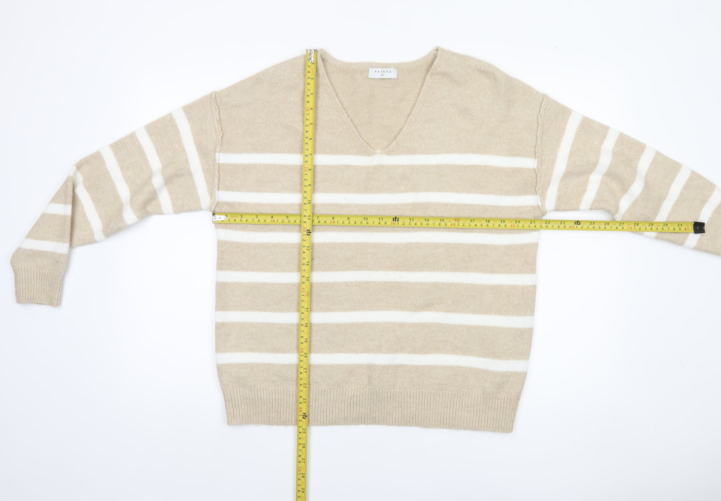 Papaya Women Beige Striped V-Neck Knit Jumper Size M