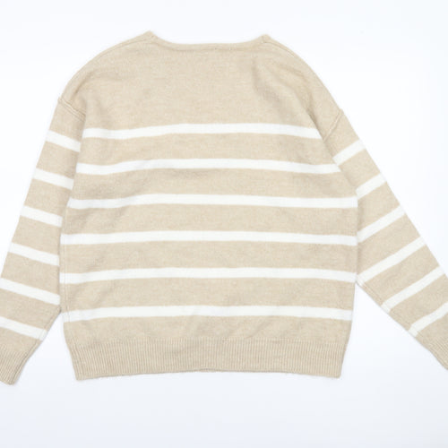 Papaya Women Beige Striped V-Neck Knit Jumper Size M