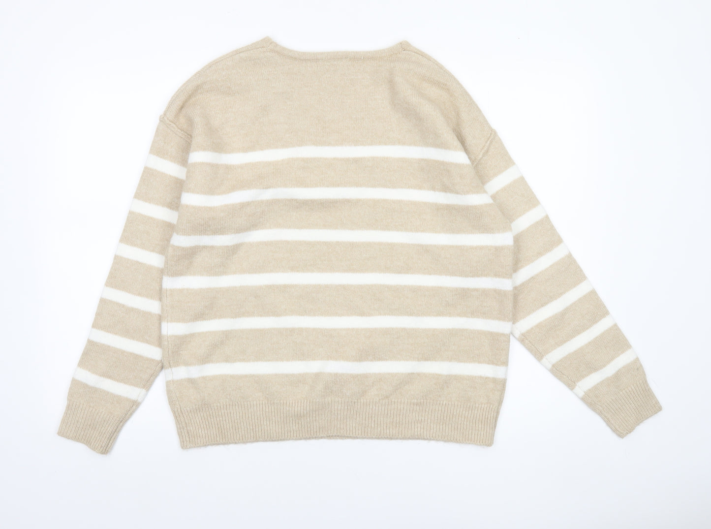Papaya Women Beige Striped V-Neck Knit Jumper Size M