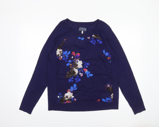 Joules Women's Blue Floral Wool Crew Neck Jumper Size 12