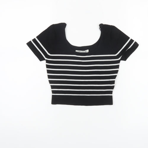 Pull&Bear Womens Black Striped Cropped Knit T-Shirt XS