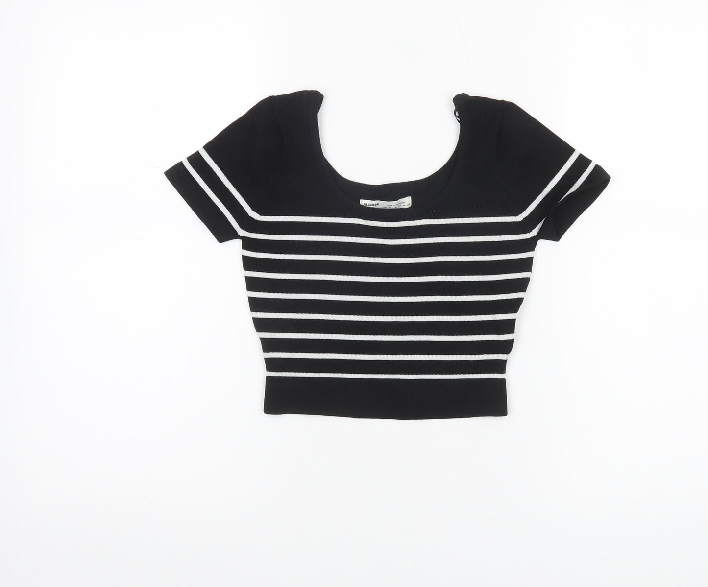 Pull&Bear Womens Black Striped Cropped Knit T-Shirt XS