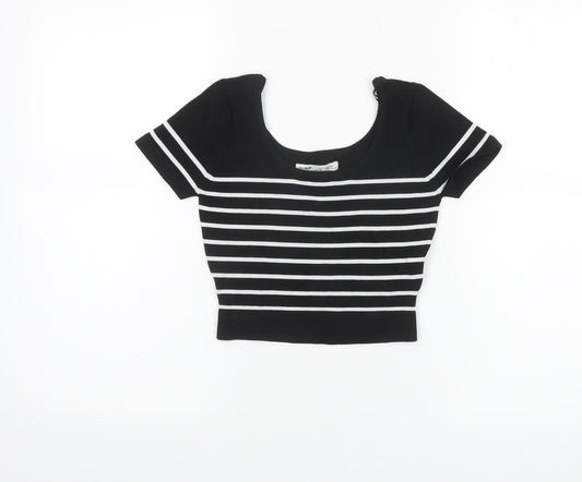 Pull&Bear Womens Black Striped Cropped Knit T-Shirt XS