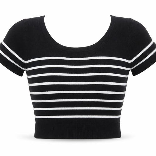 Pull&Bear Womens Black Striped Cropped Knit T-Shirt XS