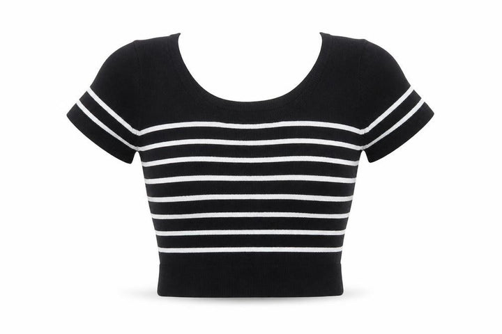 Pull&Bear Womens Black Striped Cropped Knit T-Shirt XS