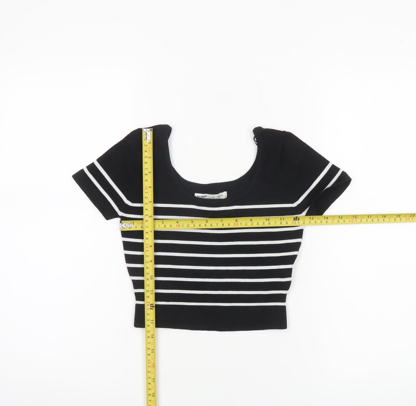 Pull&Bear Womens Black Striped Cropped Knit T-Shirt XS