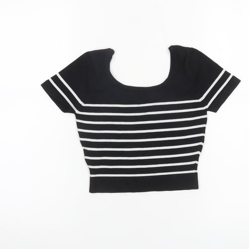 Pull&Bear Womens Black Striped Cropped Knit T-Shirt XS