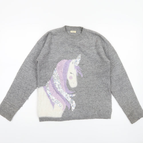 Next Girls Grey Unicorn Sequin Pullover Jumper 11 Years Acrylic Blend