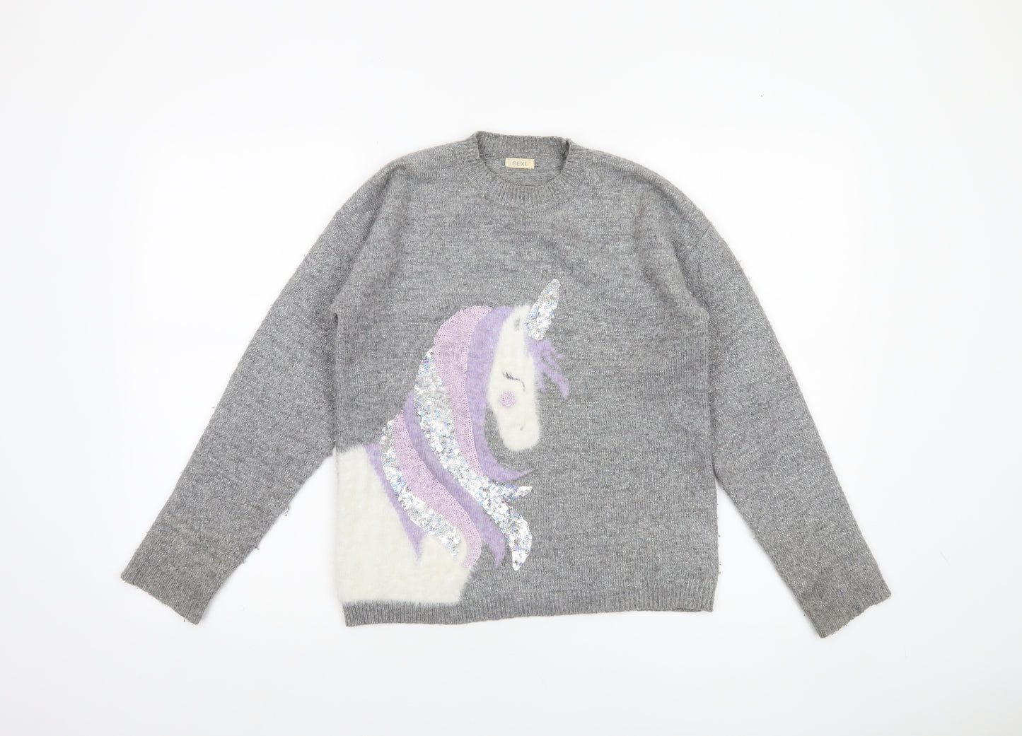 Next Girls Grey Unicorn Sequin Pullover Jumper 11 Years Acrylic Blend