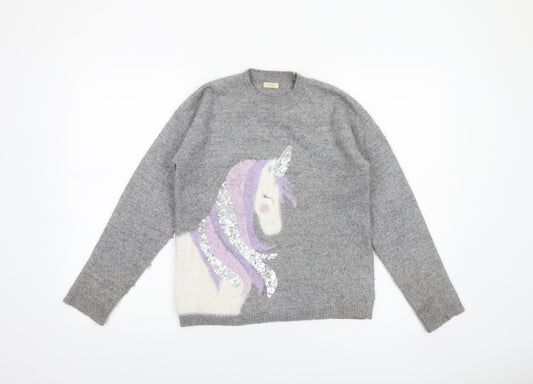 Next Girls Grey Unicorn Sequin Pullover Jumper 11 Years Acrylic Blend