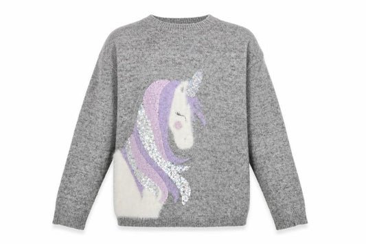 Front view of Next girls’ grey unicorn sequin jumper 11 years acrylic blend
