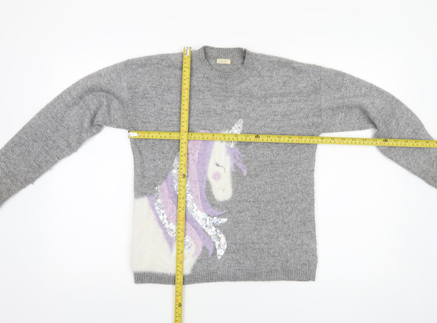 Next Girls Grey Unicorn Sequin Pullover Jumper 11 Years Acrylic Blend