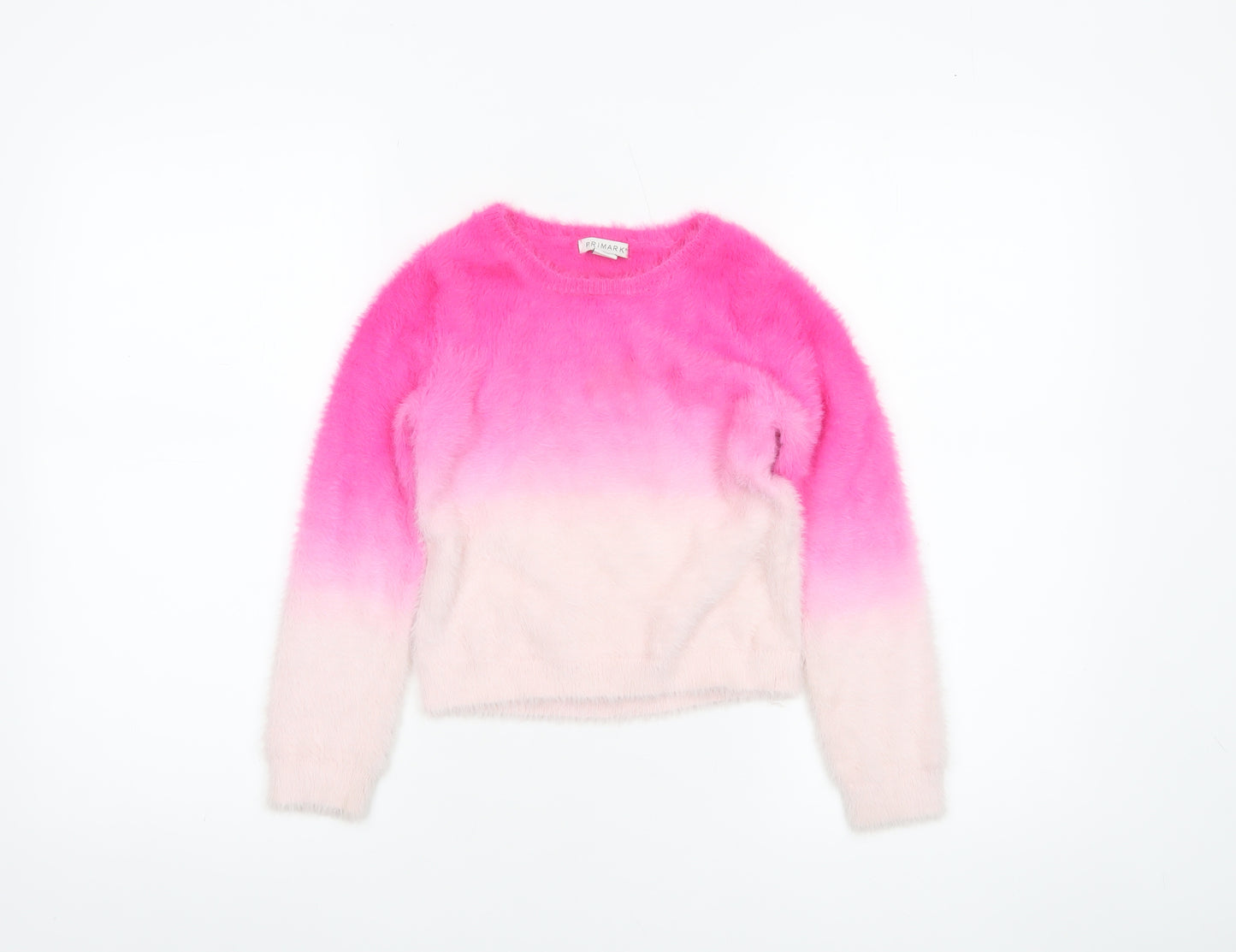 Primark Girls Pink Ombre Fuzzy Pullover Jumper 7-8 Years Soft Crew Neck