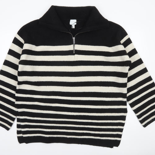 H&M Women’s Black Striped High Neck 1/4 Zip Knit Jumper Size L