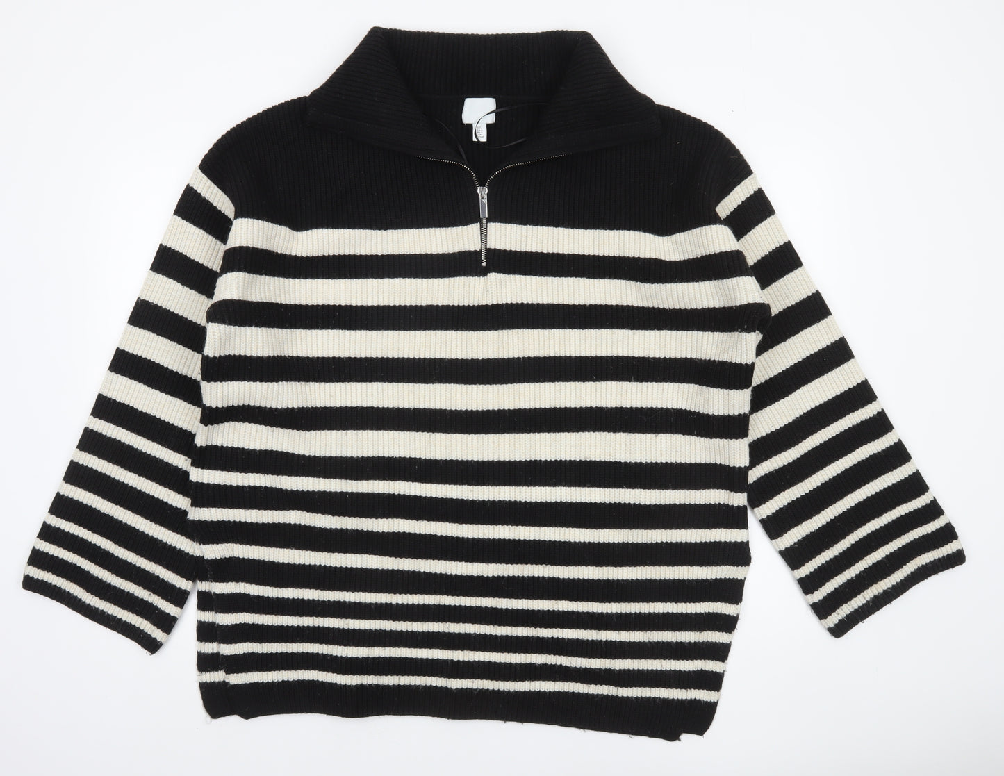 H&M Women’s Black Striped High Neck 1/4 Zip Knit Jumper Size L