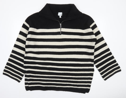 H&M Women’s Black Striped High Neck 1/4 Zip Knit Jumper Size L